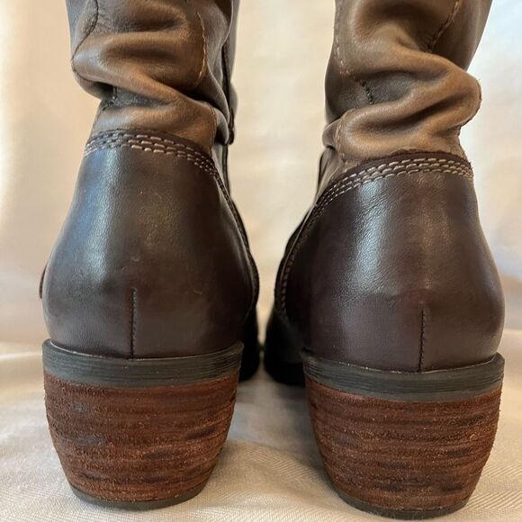 Leather Slouch Ankle Boots Gray Brown Moto Buckle Lug Block Heel SZ 10.5 - Picture 6 of 11